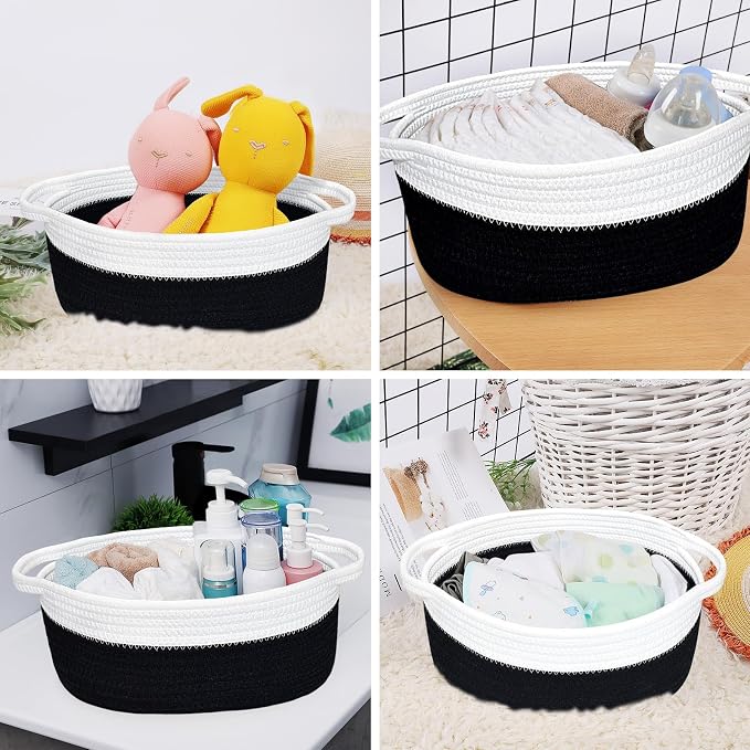 ABenkle Small Basket with Handles, Boho Decorative Rope Woven Dog Cat Toy Storage Bin Shelf Storage Organizer, Easter Christmas Gift Basket, 12"x8"x5"