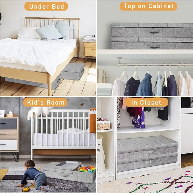 punemi 6 in Tall Under Bed Storage Containers with Firm Sides, 3Pack, Grey | Firm Sides, Top &Bottom, Stackable Design, for Blankets, Clothes & Toys, Underbed & Closet Organization