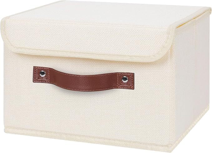 ANMINY Fabric Storage Box Bins with Lids, Beige, 10"x8"x7" | Keepsake Memory Storage, Cotton Linen, PP Board Reinforced, Washable, PU Handles, Foldable & Stackable, Decorative, Small