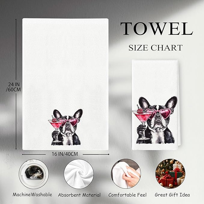 French Bulldog Kitchen Towels - French Bulldog Cocktail Lovers Gifts, Funny Frenchie Wine Hand Towels Dish Towels for Kitchen Home Bar, 16x24 Inch