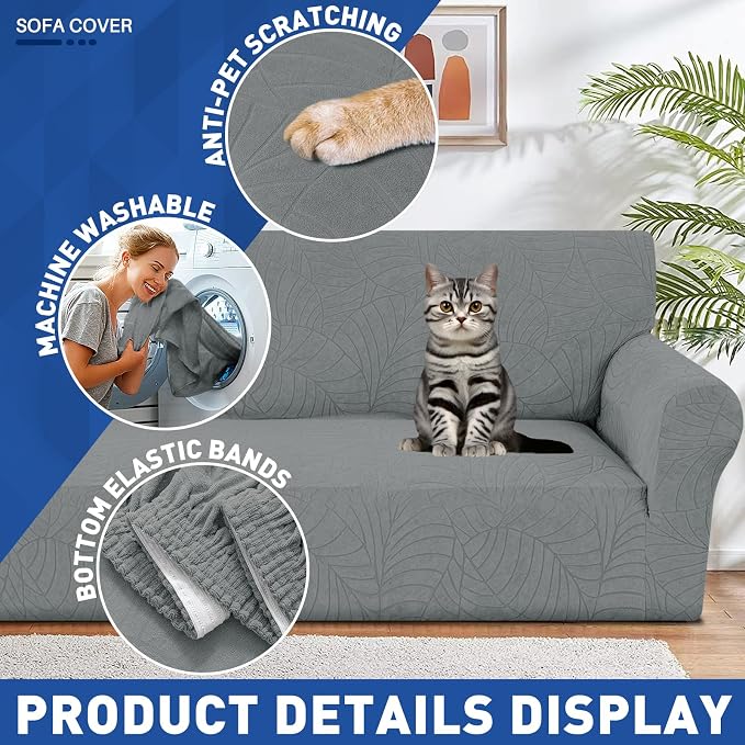 YEMYHOM Couch Cover Latest Jacquard Design High Stretch Sofa Chair Covers for Living Room, Pet Dog Cat Proof Armchair Slipcover Non Slip Elastic Furniture Protector (Small, Begonia Leaf Dark Gray)
