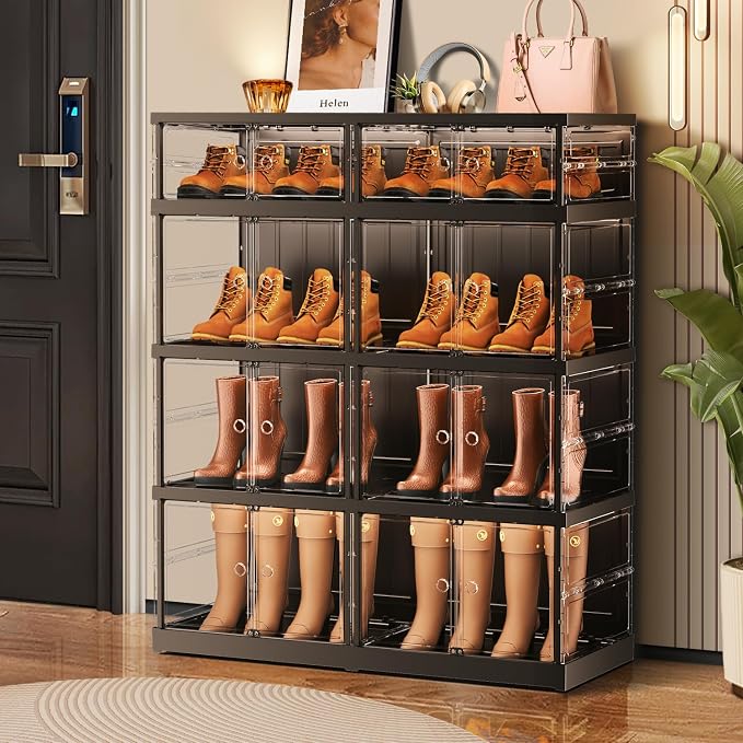 CIMLORD 4-Tier Foldable Shoe Rack Organizer for Boots, 16 Pairs, Black | Collapsible Plastic Shoe Cabinet Storage, Fits Tall Boots, Stackable with Lids, Easy Assembly, for Closet & Entryway