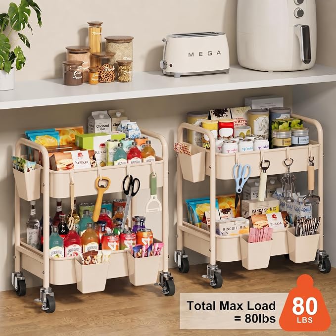 2 Tier Small Rolling Cart Metal with Wheels, Beige Under Desk/Table Storage Carts on Wheels, Short Utility Roller Caddy Organizer for Art, Craft, Pantry, Bathroom, Two Tiered Shelf Trolley, 22In Tall