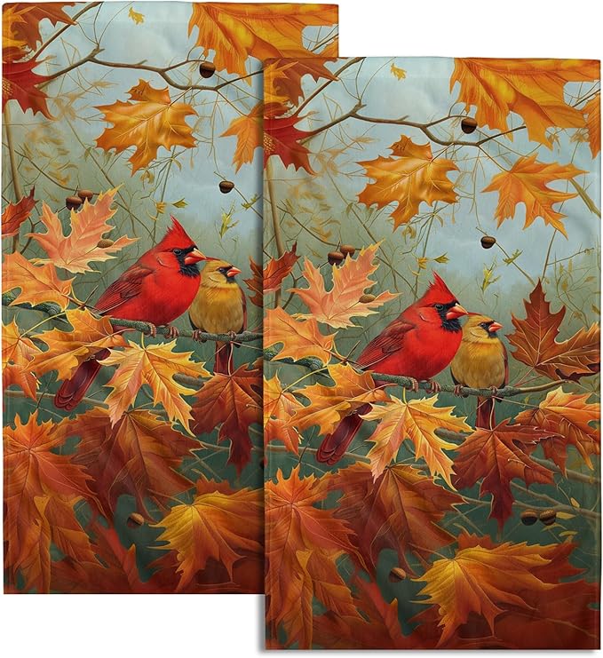 Giwawa Fall Birds Hand Towel Set of 2 Autumn Trees Maple Leaves Orange Towel Rustic Thanksgiving Face Towel Ultra Soft Fast Drying Seasonal Dish Wash Cloth for Hotel Bathroom Gym Home