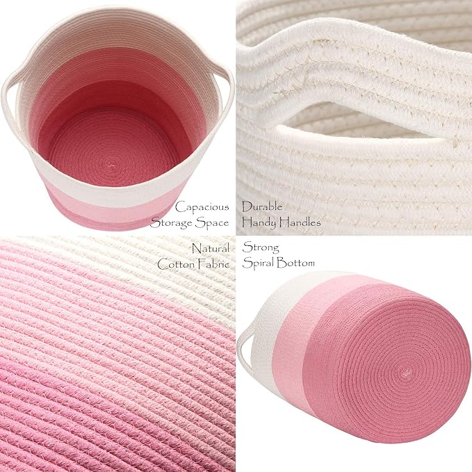 Sea Team Large Woven Cotton Rope Laundry Basket with Handles, 20 x 14 in | Collapsible Knitted Hamper, Closet Shelf Organizers, Containers for Clothing, Blankets, Toys, Bedding, Pink