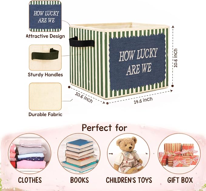 How Lucky Are We Green Stripe Foldable Fabric Storage Bin for Kids Room | Green stripe design, foldable storage bin for toys, books, clothes in nursery, bedroom, or playroom.