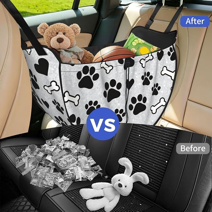 Cute dog paws Car Seat Organizer-Backseat Storage Bag for Travel | Waterproof Durable. Holds Snacks Gear Essentials. Fits Most Cars.