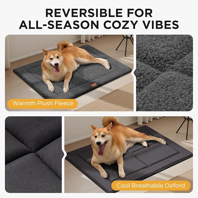 Joydeco Low Profile Dog Crate Mat Reversible Bed Pad, Washable Dog Pad Mat with Ultra Soft Fleece, Compact Design Kennel Beds Mats for Extra Large Medium Small Pets, 44" x 32" Dark Gray