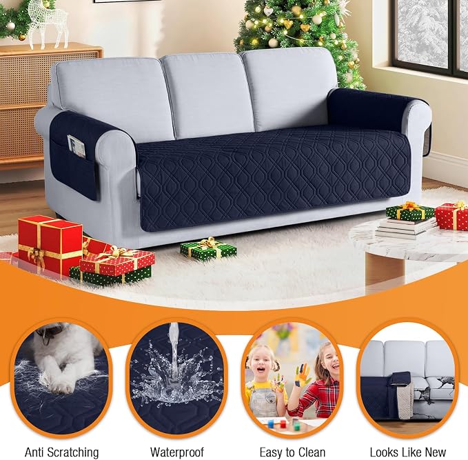 VANSOFY Waterproof Couch Cover for Pets, Dark Blue, 67.3" | Non-Slip, Washable, Utility Pockets, Pet Friendly, Furniture Protector Slipcover for 3 Cushion Couch