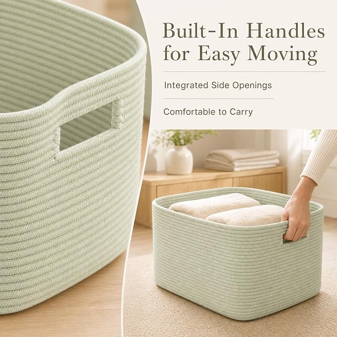 12.8GAL Small Cute laundry basket for nursery, Boho Square storage basket for Living Room Decor, Kids Girls Boys Toys Stuffed Animal Decorative Short Hamper for Dirty Clothes, Bath Towel Sage Green