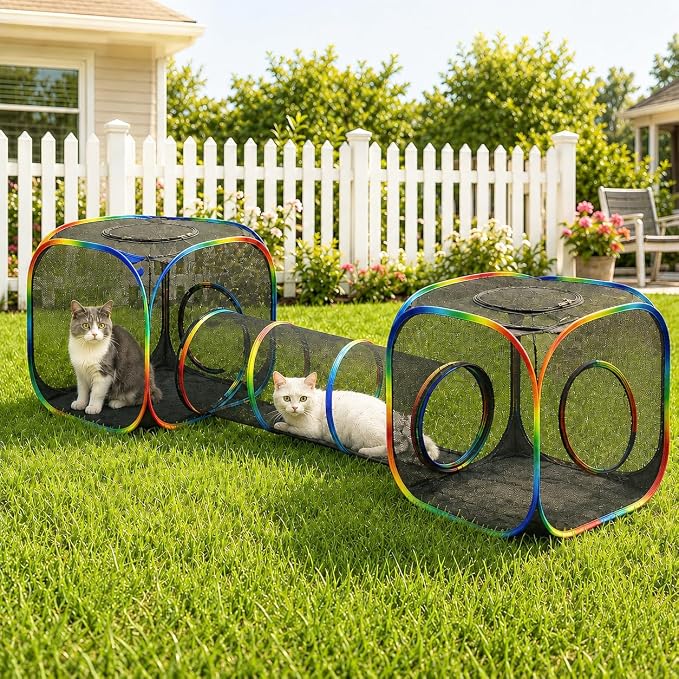 Outdoor Rainbow Cat Enclosures Playground,Outside House for Indoor Cats Include Portable Tent, 2 Way with 2 Cube Tunnel, for Kitty and Small Animals,Within Storage Bag