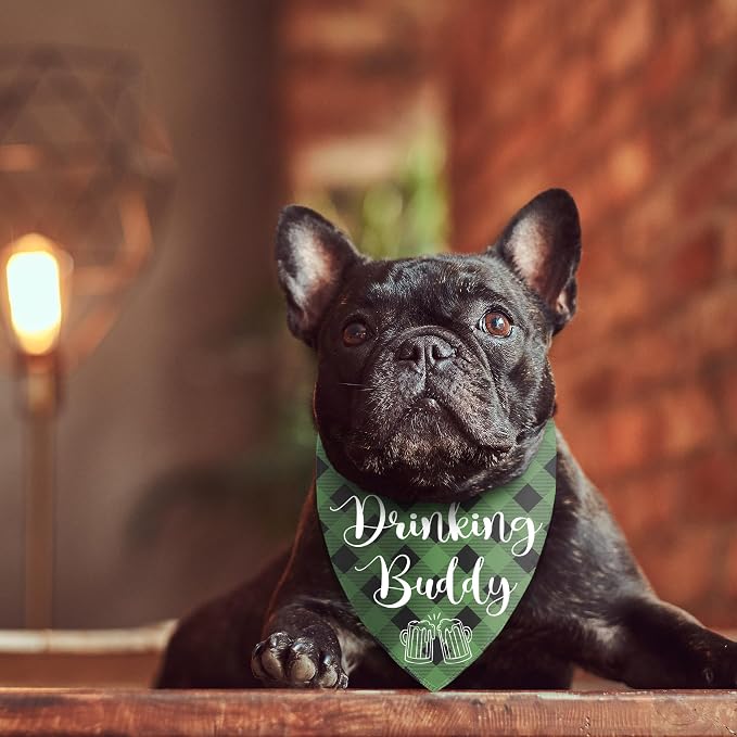 Dog Bandana Gifts for Beer Lovers, Funny Cute Pet Scarf, Gift for Dogs Owner, Green Plaid Triangle Bibs Bandanas for Medium Large Dogs