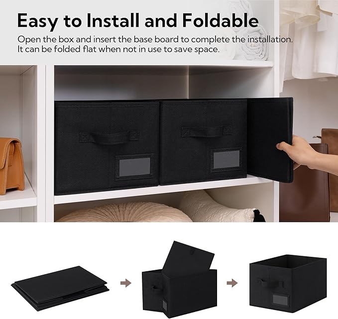 GRANNY SAYS Closet Storage Bins with Label, Black, Medium, 3-Pack | Foldable Storage Baskets, Fabric Storage Baskets for Clothes, Collapsible Storage Boxes with Handles