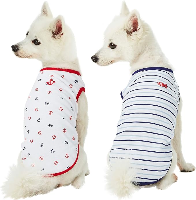 Blueberry Pet Soft & Comfy Summer Vacation Beach Cotton Dog T-Shirts, 2 Pack, Sea Lover Navy Sailor Shirts Tank Top Clothes, Back Length 10", for Small Dogs