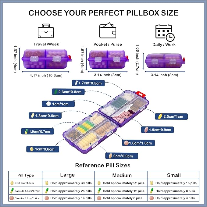 Extra Large Pill Organizer with 161 Medicine Labels, Travel Pill Case | Purple Extra large case with 10 compartments for 7-day pill planning, vitamins, supplements, and travel