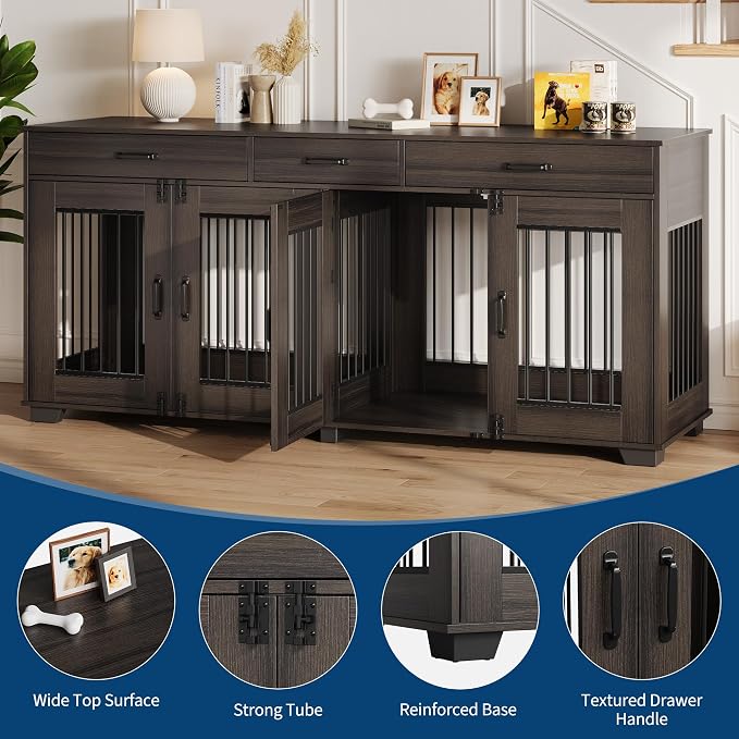 71" Large Dog Crate for 2 Dogs, Double Dog Cage Furniture with 3 Drawers for Ample Storage Space, Furniture Style Indoor Dog Crate & TV Stand, for Large Medium Dogs, Walnut