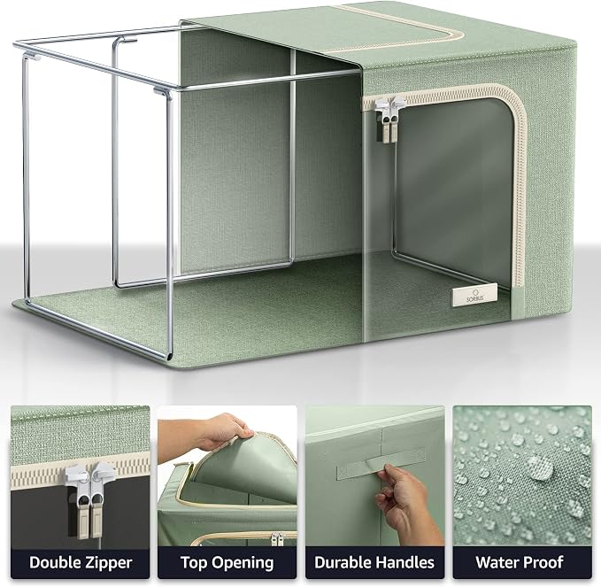 Sorbus Clothing Storage Bins with Clear Window, Metal Frame (2 Pack, Teal) | Oxford-fabric containers with carry handles stack neatly to organize bedding and linens in closets and laundry rooms.
