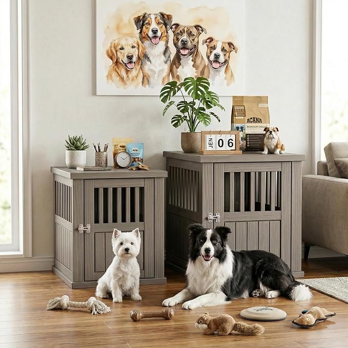 EFU 32 Inch Small Dog Crate Furniture, Indoor Dog Kennel, Puppy Pet House | Resin Pet House End Side Table, Waterproof Puppy Crates Cage for Medium Small Dogs to 45 lb, Grey