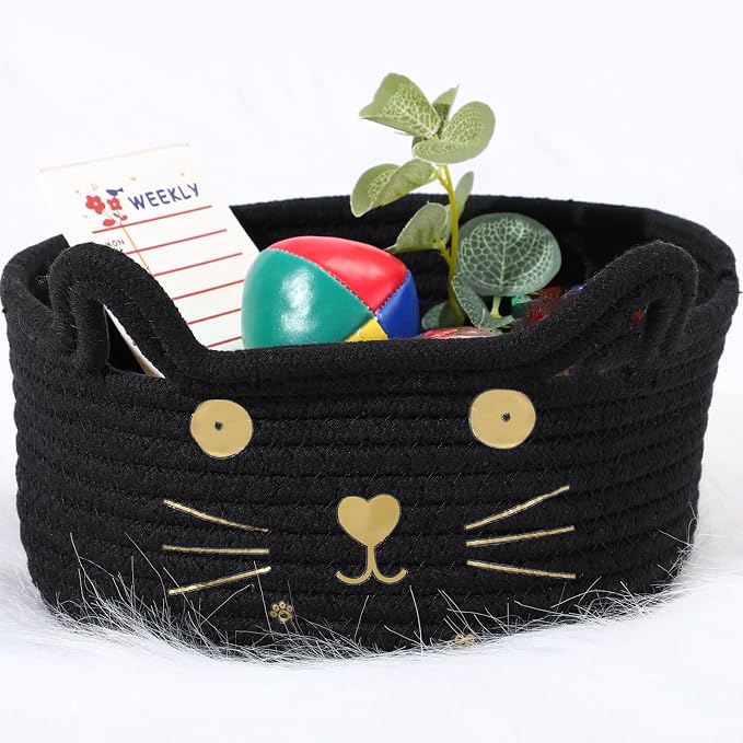 Zopeal Cat Storage Basket Woven Organizer with Ears Decorative Gift Cute Cotton Rope Pet Toy Basket for Gift Cat Dog Toy Bin Nursery Room(8.3 x 4.7 Inch,Black)