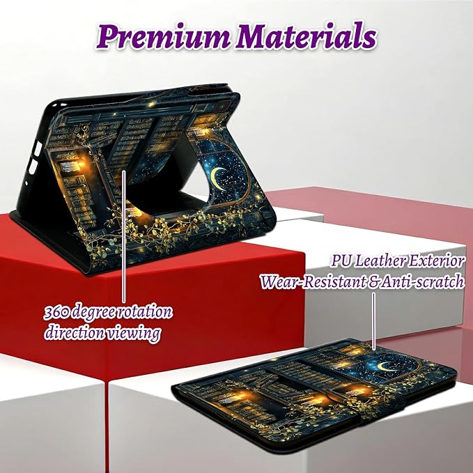Rotating Handle Case for Samsung Galaxy Tab A7 Lite 2021 8.7", 360 Degree Swivel Kickstand with Magnetic Closure Shockproof Leather Protective Cover for Women Men, Vintage Candle Books