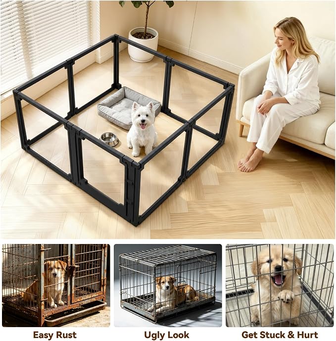 Dog Playpen, Expandable & Stackable Acrylic Dog Play Pen, FlexiSpace Adjustable Clear Dog Enclosure Indoors, Transparent Dog Fence for Dogs Cats Rabbits Small Animals (Black, 24", 8 Panels)