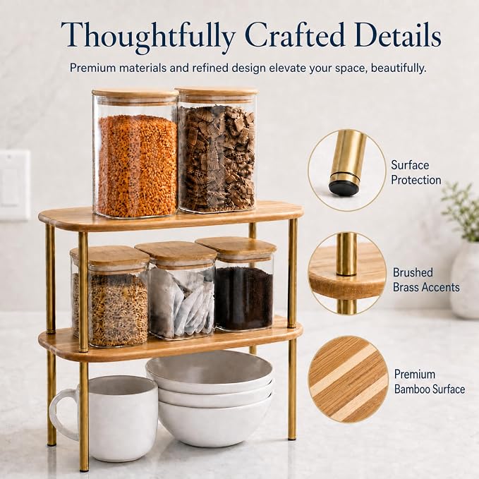Ibyx Shelves Organizer Set of 2 - Kitchen Cabinet Organizers and Pantry Storage - Bamboo Top & Brass-Effect Metal Legs - Stackable Shelves for Kitchen Counter & Cabinets with 22 lb Capacity - Brown