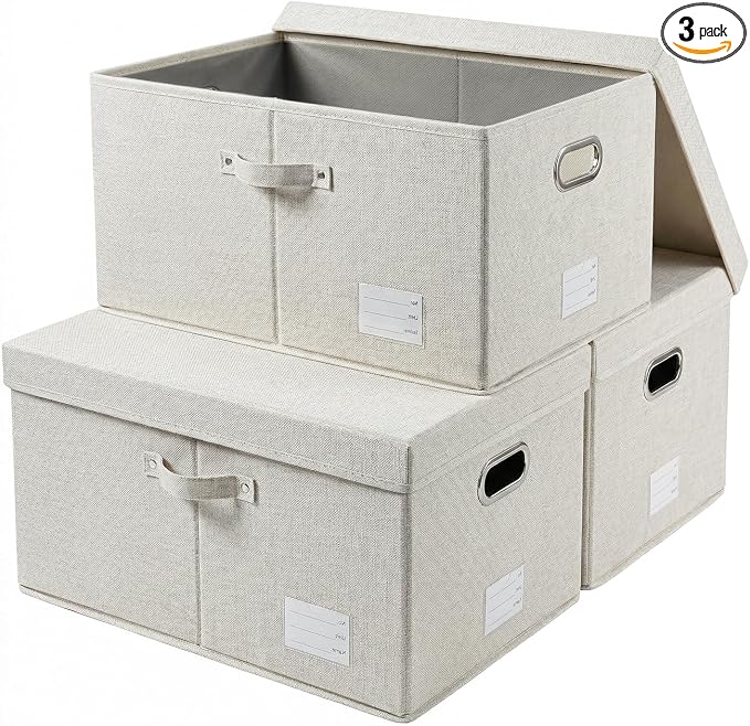 Storage Bins with Lids [3-Pack] Linen Fabric Foldable Storage Boxes Organizer Containers Baskets Cube with Cover for Bedroom Closet Office Beige (23.4X15.9X11.4)