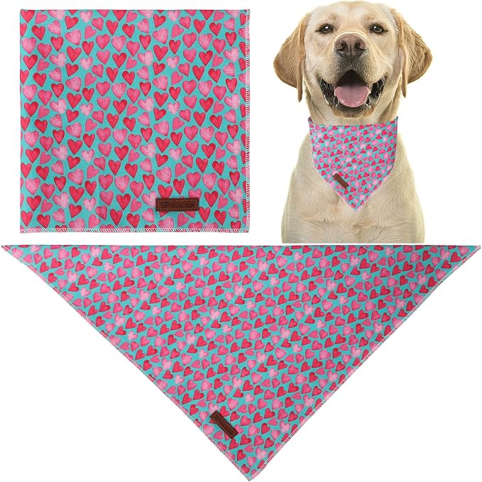 Valentine Dog Bandana - Pink Heart Triangle Bid Scarf for Small/Medium Dogs & Cats, Cotton Kerchief for Girl/Boy Pets, Adorable Puppy Bandana