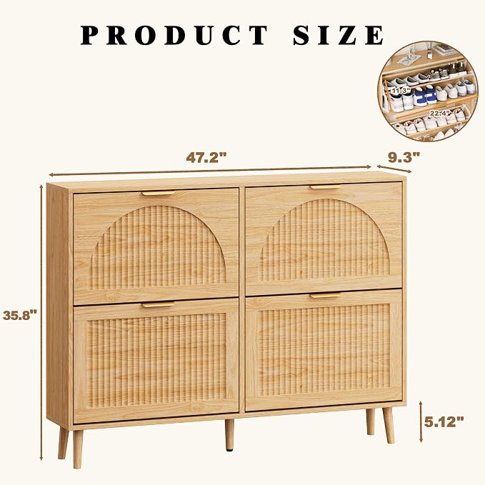 Shoe Storage Cabinet with 4 Flip Drawers, Narrow Wood Shoe Organizer Cabinet with Fluted Panel, Slim Shoe Rack for Entryway, Freestanding Shoe Cabinet for Living Room, Hallway, Wood Color