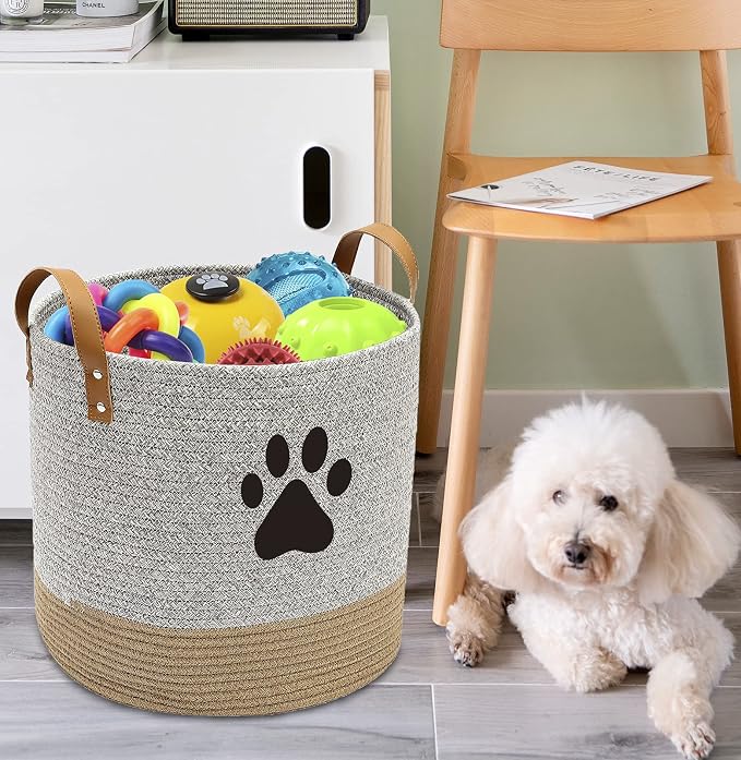 Cotton dog toy basket storage, puppy toy basket, puppy bins, laundry basket blanket storage bin - Perfect for organizing pet toys, blankets, leashes, pee mats and diapers - Graykhaki