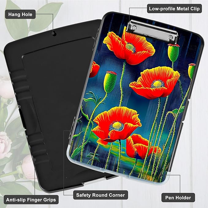 Artistic Red Flower A4 Clipboard with Storage Pen Holder, Clipboards Organizer Nursing Clipboard Foldable File Folder Plastic Clipboard Folio Clip Board for Office Students Classroom Doctor