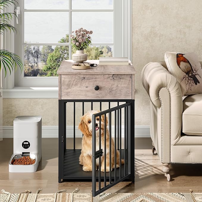 HOOBRO Dog Crate Furniture, Wooden Dog House, Decorative Dog Kennel with Drawer, Indoor Pet Crate End Table for Small Dog, Steel-Tube Puppy Cage, Chew-Proof, Greige BG01GW03