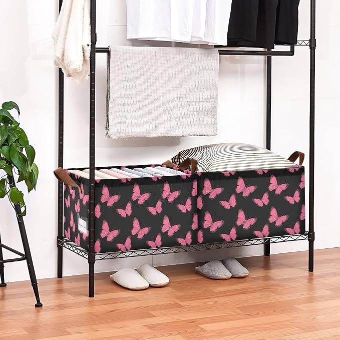 Retro Pink Butterfly Hot Pink and Black Storage Bins for Shelves with Labels&Handles Fabric Organizer Bin Foldable Rectangle Storage Basket Boxes for Closet, Bathroom, Home, Living Room