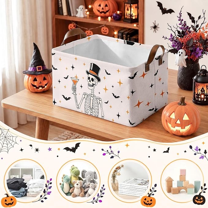 Britimes Happy Halloween Storage Baskets, Spooky Toy Storage Bins Box, 3Pcs | Halloween Skeleton Vintage Canvas Collapsible Baskets Organizer with Handles Nursery Decor Laundry Basket for Shelves Closet