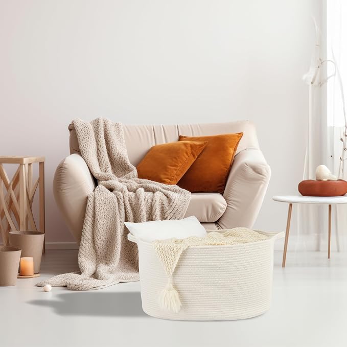 XUANGUO Large Rectangle Woven Cotton Rope Blanket Basket 22"x17"x12" White | Storage basket for nursery and living room; toy basket for kids, dog toy storage, or laundry basket for clothes and towels.