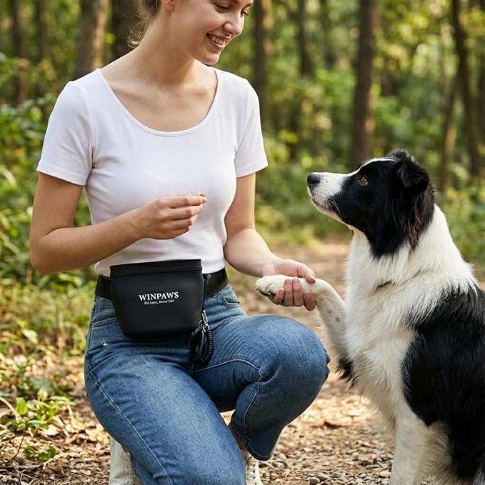 Silicone Dog Treat Pouch with Poop Bag Holder,Waterproof Magnetic Close Sealable Fanny Pack with Adjustable Waist Belt, Pet Puppy Training Essentials, One-Handed Opening with Press & Magnetic (Black)