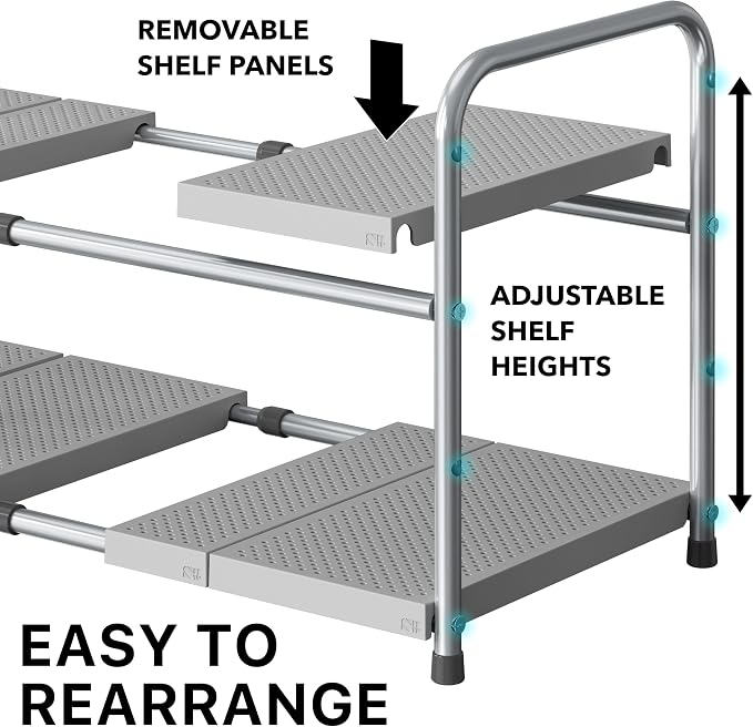 Simple Houseware Under Sink 2-Tier Heavy Duty Expandable Organizer, Silver | Adjustable Width 15.75–25 Inches with 4 Shelf Height Levels