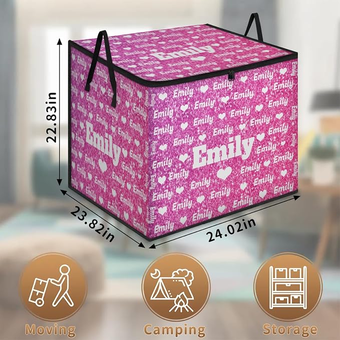 Custom Comforters Storage Basket with Lid, Personalized Name Large Organizer Bin for Pet/Children Toys, Books, Clothes, Perfect for Rooms/Playroom, Water Pink Glittering with Love Hearts