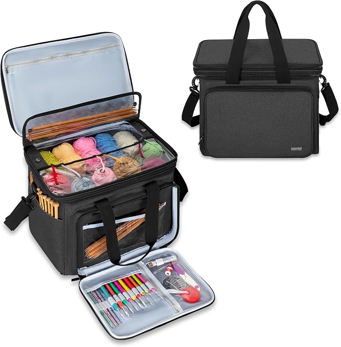 Teamoy Crochet Bag, Knitting Bag Yarn Storage Tote, Yarn Organizer, Black | Yarn Holder for Crocheting, with Inner Divider and Cover, for Yarn Skeins, Project, Knitting Needles, and Crochet Supplies