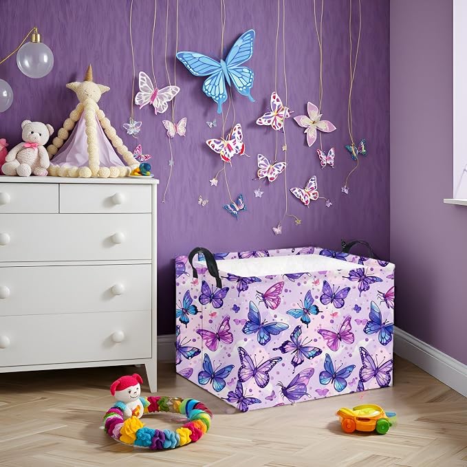 Rectangular Butterfly Basket Baby Storage Basket Storage Bin Organizer Box Room Decor(Purple Butterfly)