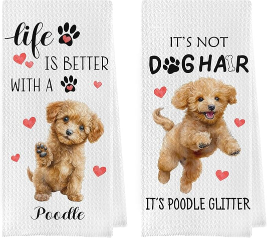 Poodle Gifts Dish Towels Set - Funny Poodle Gifts Waffle Weave Kitchen Towels, Dog Hand Tea Towel, Dog Lover Gift for Women (16×24 Inches Set of 2)