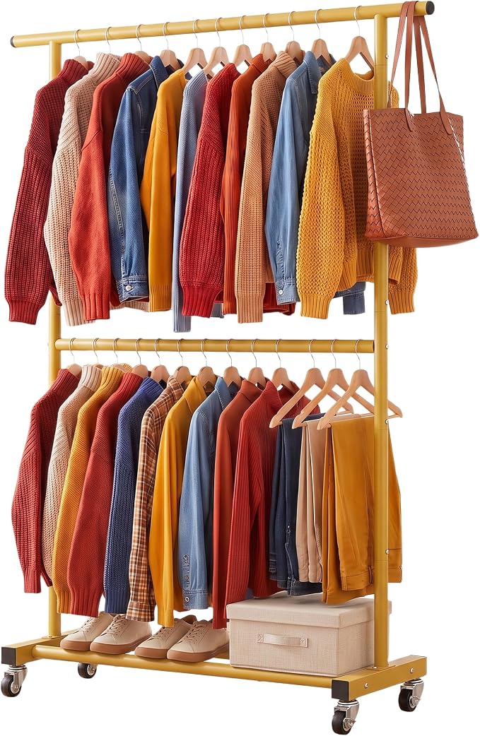 Sywhitta Double Rod Metal Clothing Garment Rack on Wheels, Gold | Rolling Clothes Organizer, for Hanging Clothes,Coats,Easy to Assemble,Space-Saving,Mobile Organizer for Closet