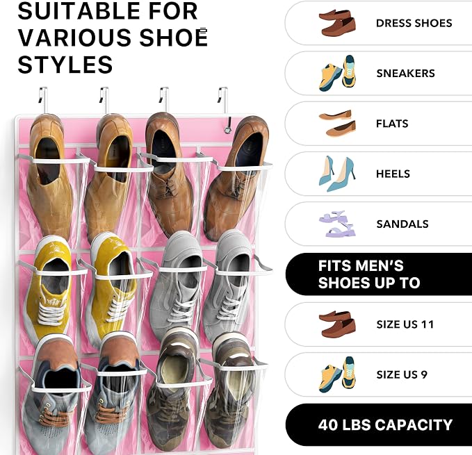 Simple Houseware 24 Pockets Large Clear Over the Door Shoe Organizer, Pink | 56" x 22.5", 4 Durable Metal Hooks, 5" x 9" Pocket Size, Multipurpose