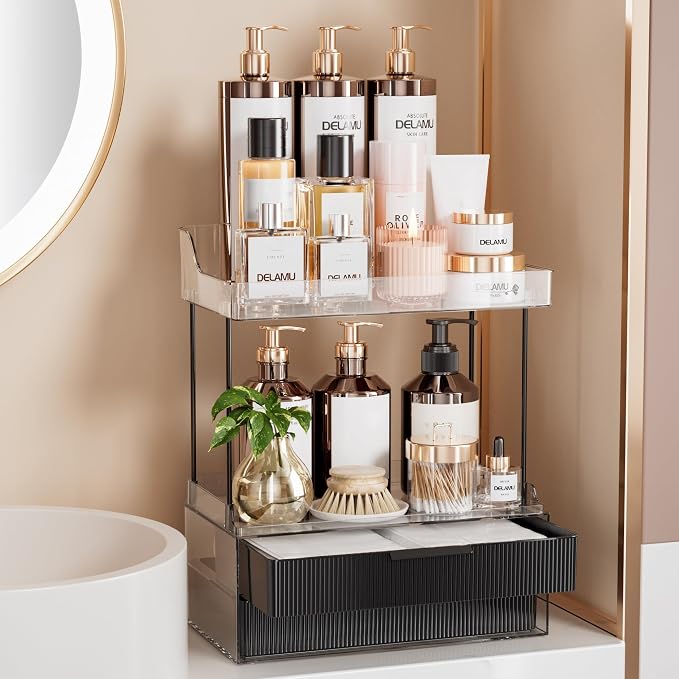 Delamu 4-Tier Makeup Organizer, Bathroom Counter Storage, 2 Drawers,Black | Elegant Vanity Organizer Gift for Women, Holds Perfume, Skincare, Nail Polish & Hair Accessories for Bathroom Countertop