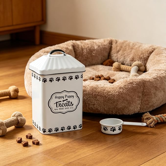 All Chic Dog Food Container Dog Food Storage Container with Lid & Sturdy Metal Handle with Spoon - Metal Kibble Storage Bin for Dogs up to 50 lbs -Pet Food Storage
