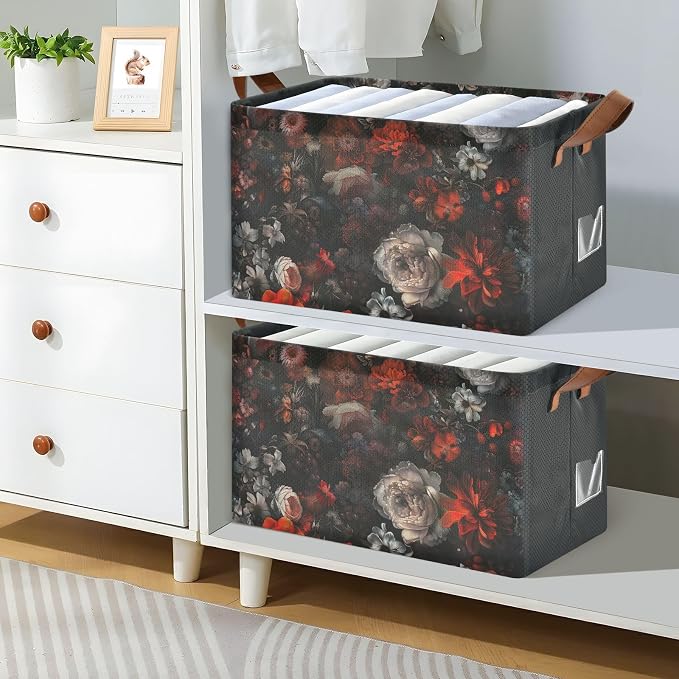 Moody Floral Goth Flower Gothic Dark Storage Bins for Shelves with Labels&Handles Fabric Organizer Bin Foldable Rectangle Storage Basket Boxes for Closet, Bathroom, Home, Living Room, 2 Pack