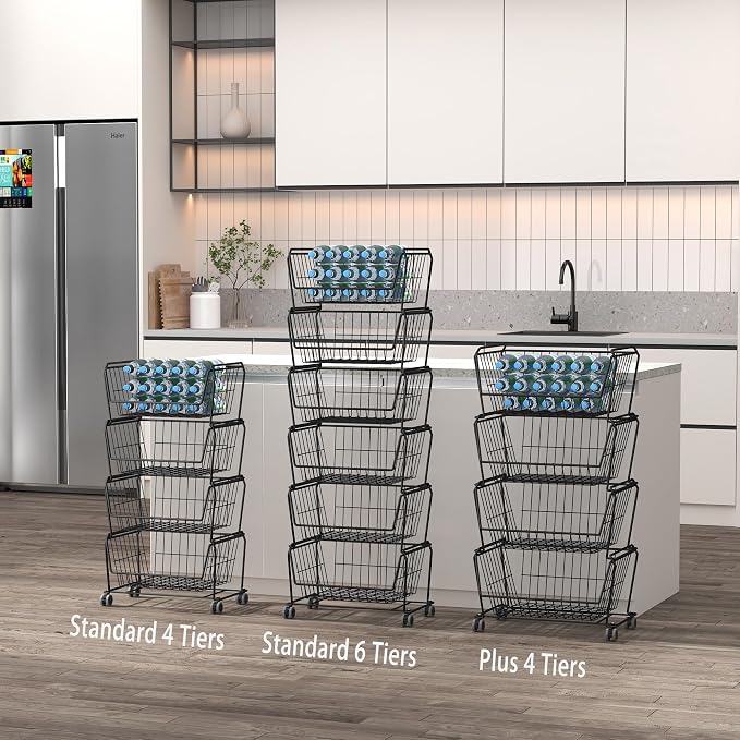 PUSDON 4-Tier Spacious Stackable Wire Storage Baskets with Wheels, Metal Rolling Utility Cart, Produce Basket for Pantry, Bathroom Organizer Shelf, Matte Black
