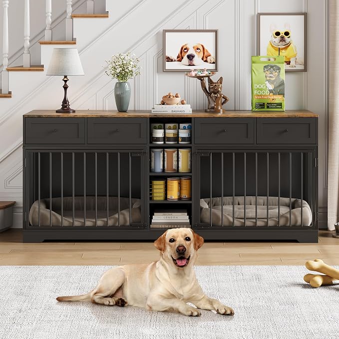 GarveeHome 82" Double Dog Crate Furniture with Drawers and Shelves, Black | Heavy Duty Wooden Dog Crate TV Stand, Large Dog Kennel Indoor for 2 Medium/Large Dogs