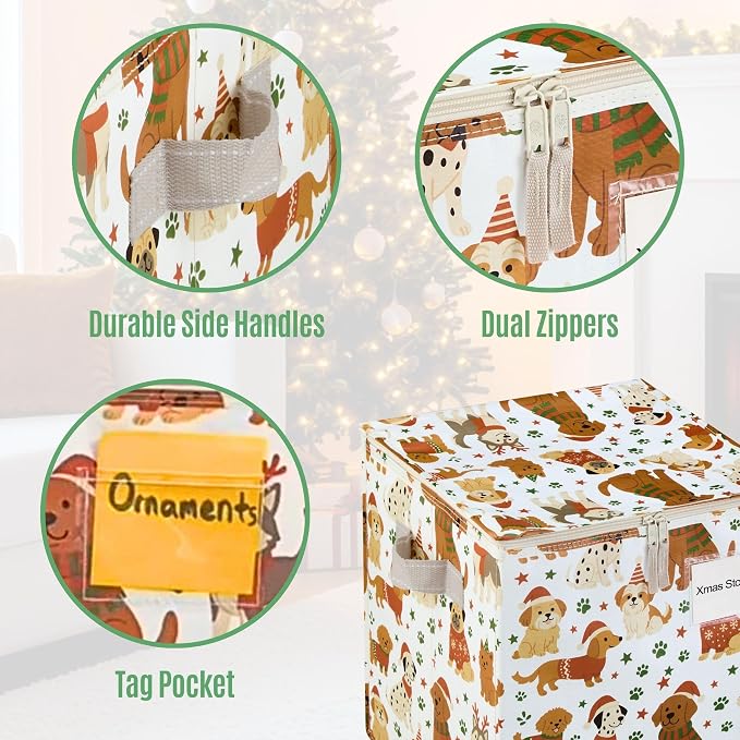 VENO 4 Pack Christmas Ornament Storage Box, Holiday Ornament Organizer with Adjustable Dividers, Sturdy Storage Containers for 64 Ornaments, Zippered Lid & Handles, 3" Cube (Holiday Pups)