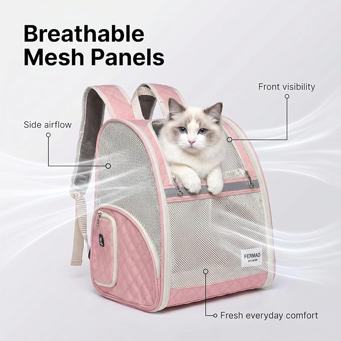 Cat Backpack Carrier for Small Dogs and Medium cat Puppy Kitten Bunny Pet Carrier Backpack Collapsible with Fully Ventilated Mesh with Safety Leash (Pink, 12.9" L x 10.62" W x 15.5" H - M)